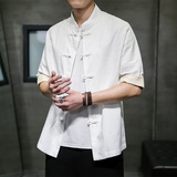 QT715-807-P65夏季风棉麻提花短袖衬衫男大码盘扣衬衣-灰，男装T恤，钱塘715