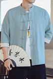 QT715-7212-P55夏季风棉麻开衫短袖衬衫宽松男七分袖衬衣-绿，男装T恤，钱塘715
