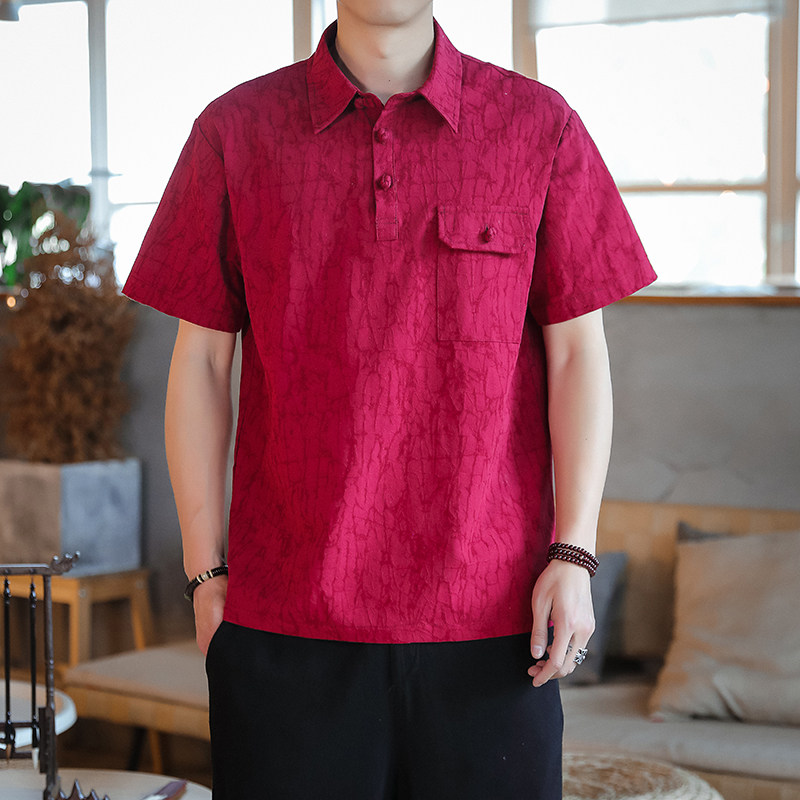 QT715-816-P65风衬衫领短袖提花棉麻T恤男盘扣复古小衫-黑,男装T恤,钱塘715