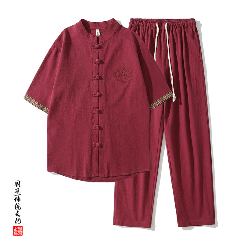 QT715-TZ7056-P80风棉麻套装男夏季复古短袖唐装两件套-蓝,男装休闲套装,钱塘715