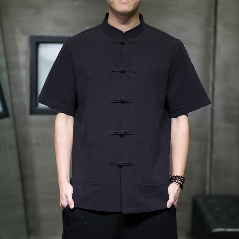 QT715-7010-P55风夏季棉麻衬衣盘扣中式唐装短袖衬衫男-白,男装衬衫,钱塘715