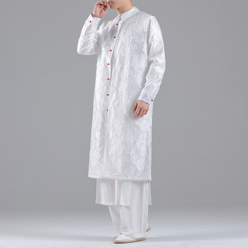 QT715-A1-P135风剪花开衫风衣外套居士汉服长款立领唐装-黑,男装风衣,钱塘715