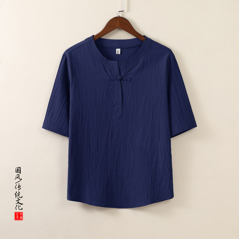 QT715-T7025-P35夏季风棉麻短袖T恤盘扣唐装中式复古半袖-灰,男装T恤,钱塘715