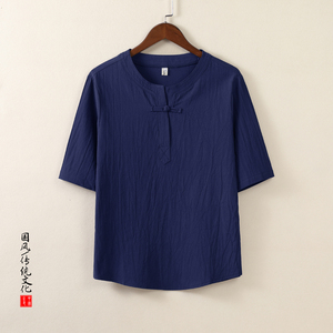 QT715-T7025-P35夏季风棉麻短袖T恤盘扣唐装中式复古半袖-灰图片