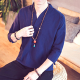 QT715-7022-特P25夏季风V领汉服七分袖T恤棉麻男短袖体恤-黑，男装T恤，钱塘715