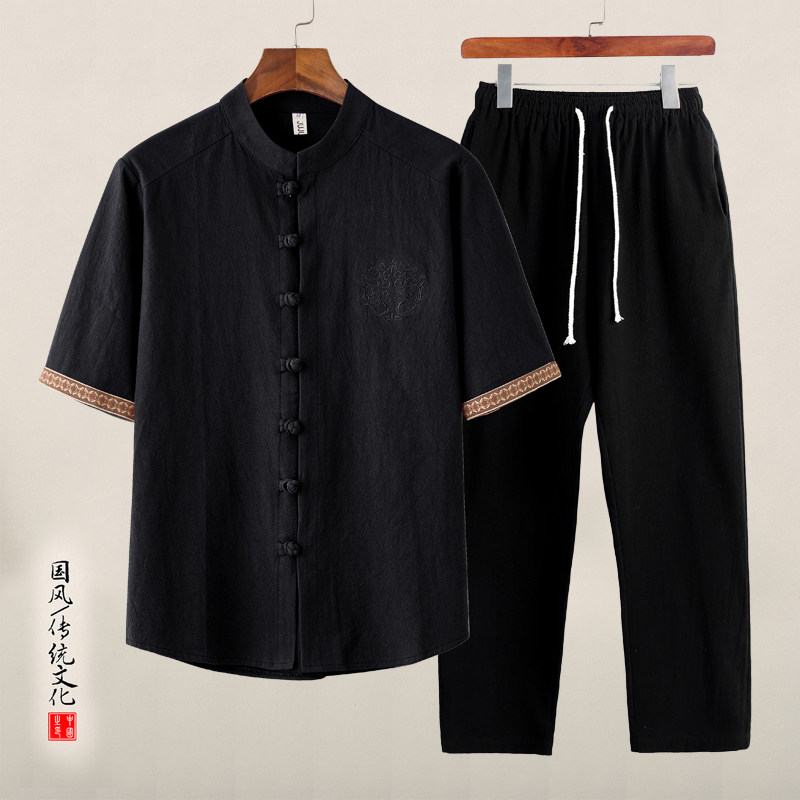 QT715-tz7056-P80风棉麻短袖衬衫两件套装-白,男装T恤,钱塘715