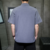 QT715-7010-P55风夏季棉麻衬衣盘扣中式唐装短袖衬衫男-白，男装衬衫，钱塘715
