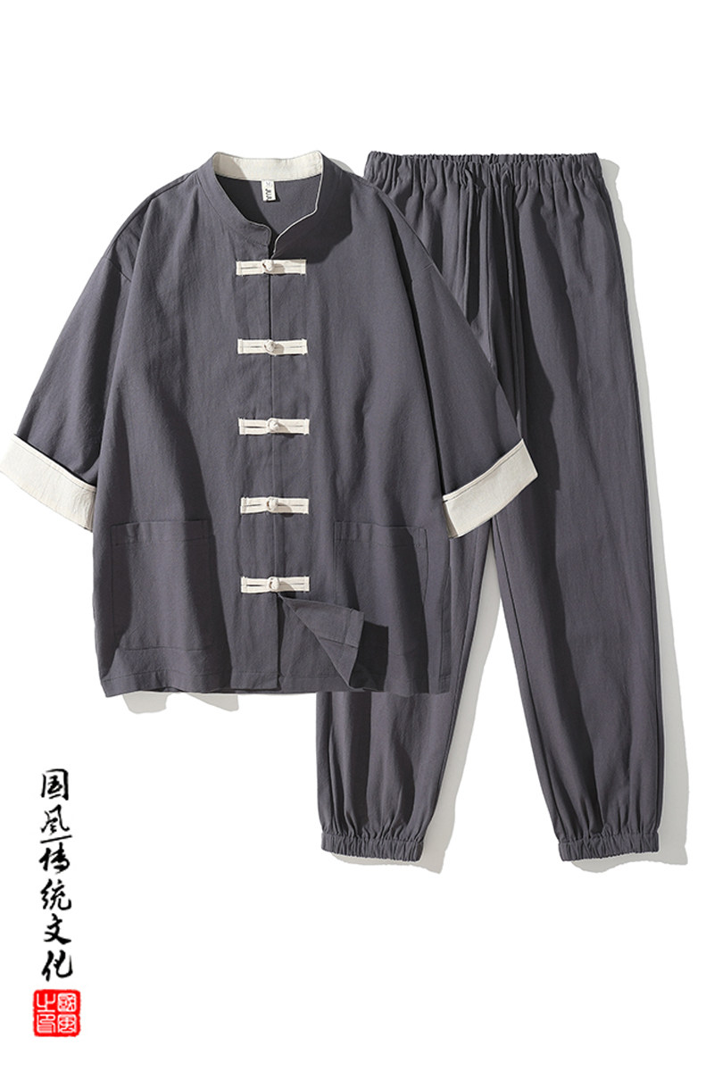 QT715-TZ7070-P90风棉麻短袖衬衫套装男女工装唐装两件套-灰,男装T恤,钱塘715