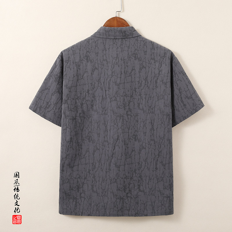 QT715-T816-P65风棉麻提花短袖T恤男复古衬衫领小衫-灰,男装T恤,钱塘715