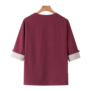 QT715-C7221-P60夏季风棉麻短袖衬衫唐装汉服古装小衫-红图片