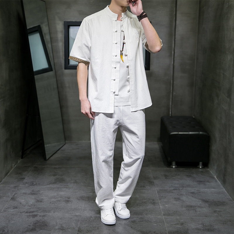 QT715-7056-P80夏季风棉麻套装男短袖衬衫长裤套装-红,男装T恤,钱塘715