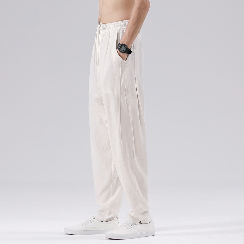 QT715-7106-P65风夏季薄亚麻休闲裤男坠感透气小脚哈伦裤-黑,男装休闲裤,钱塘715