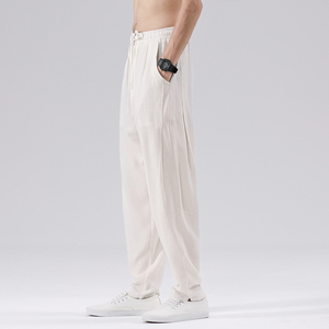 QT715-7106-P65风夏季薄亚麻休闲裤男坠感透气小脚哈伦裤-黑图片