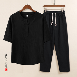 QT715-TZ7025-P73风棉麻两件套男中年短袖T恤套装-4图片
