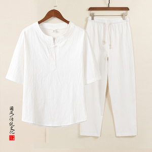 QT715-TZ7025-P73风棉麻两件套男中年短袖T恤套装-4图片