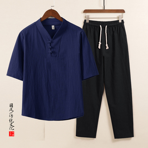 QT715-TZ7026-P73风套装男士棉麻短袖T恤盘扣两件套-1图片