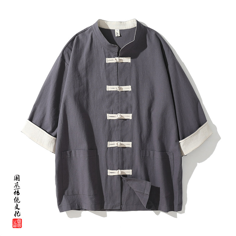 QT715-TZ7070-P90风棉麻短袖衬衫套装男女工装唐装两件套-灰,男装T恤,钱塘715