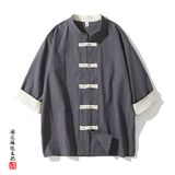 QT715-TZ7070-P90风棉麻短袖衬衫套装男女工装唐装两件套-灰，男装T恤，钱塘715