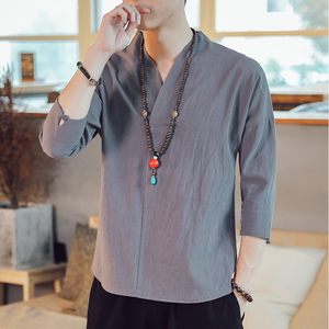 QT715-7022-特P25夏季风V领汉服七分袖T恤棉麻男短袖体恤-红图片