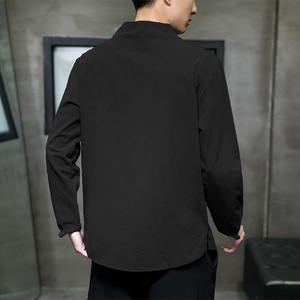 QT715-8602-P45风棉麻长袖T恤中式V领盘扣汉服打底唐装-蓝图片