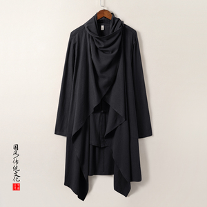 QT715-C818-P115风亚麻古装禅修假两件衬衫汉服居士风衣男-黑图片
