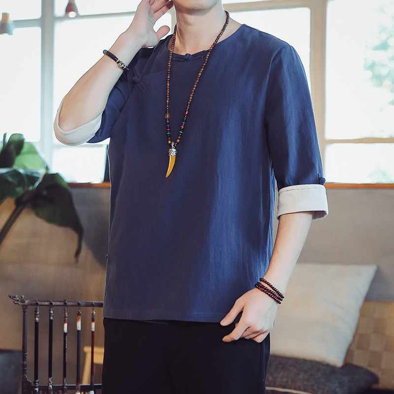QT715-7221-P60风夏季短袖汉服衬衫男盘扣古装唐装-蓝图片