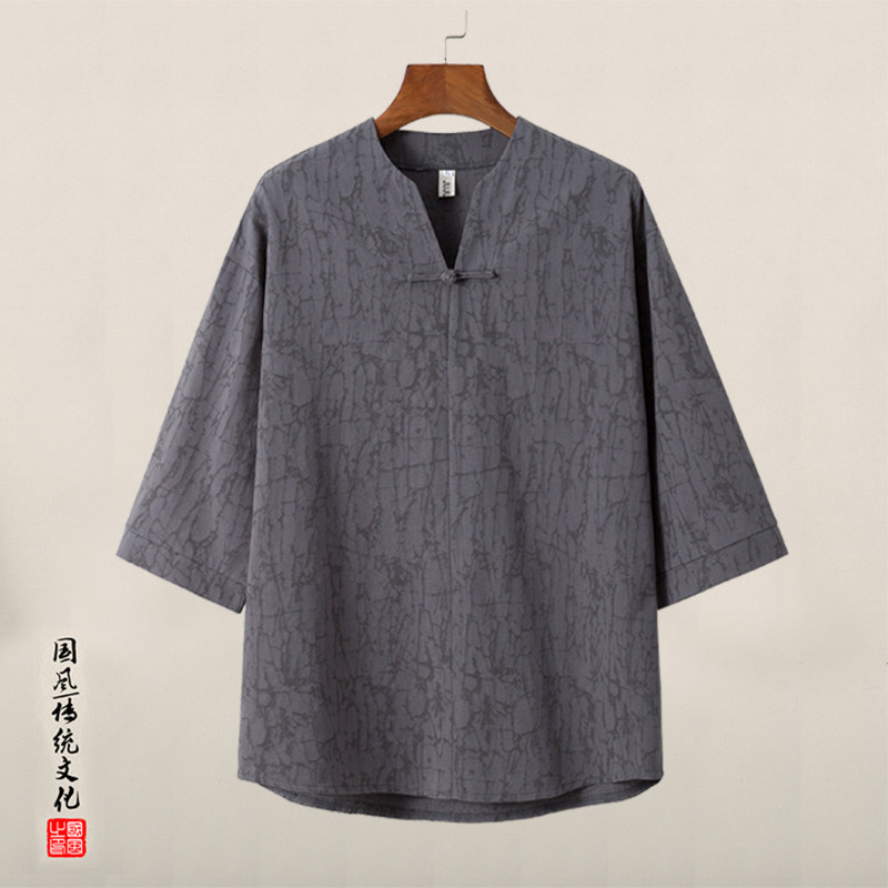 QT715-T01-P60风夏季棉麻提花短袖T恤男复古盘扣唐装-白,男装T恤,钱塘715