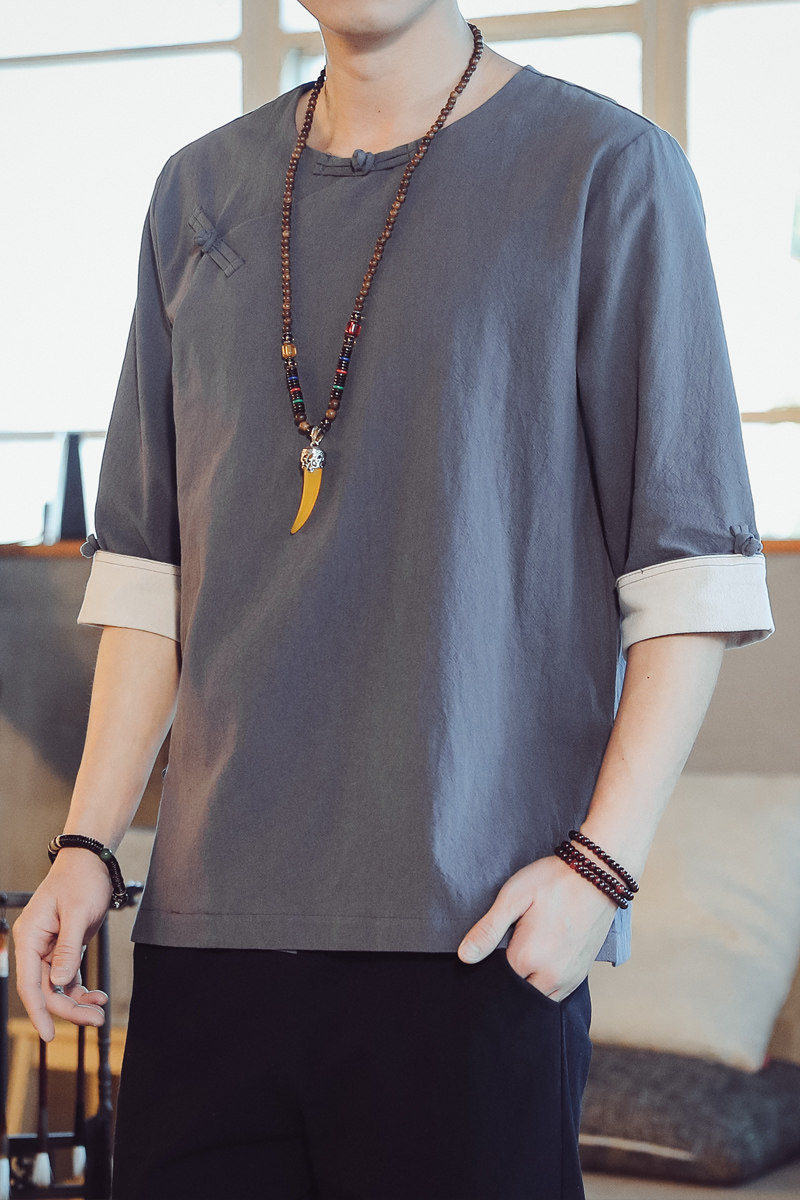 QT715-7221-P60风夏季短袖汉服衬衫男盘扣古装唐装-灰,男装T恤,钱塘715