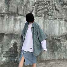 潮宽松港风牛仔上衣外套 女春秋复古港味短袖 mmbbt 蓝色腰果花衬衫