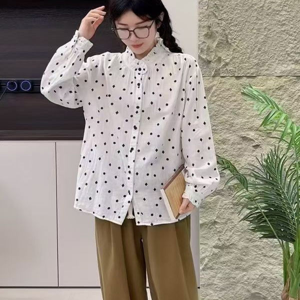 甜美木耳边立领圆点波点印花双层棉纱长袖衬衫女宽松休闲上衣百搭