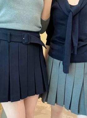 花一【上海高版本】学院风高腰A字短裙腰带装饰百褶半身裙shushut