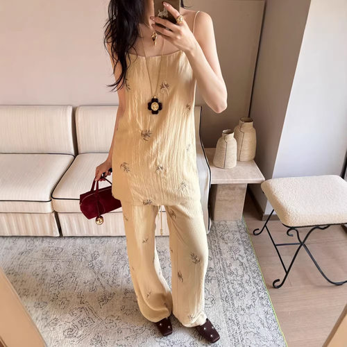 花一【上海高版本】26ss新棉麻感珠绣宽松吊带上衣休闲长裤套装女