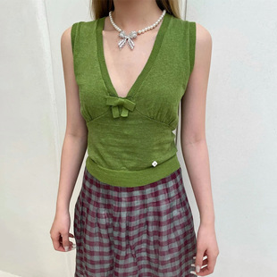 无袖 花一 针织上衣shushuto 短款 26s深V领蝴蝶结修身 上海高版 本