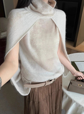 花一【上海高版本】25ss新高级百搭复古针织波纹高领斗蓬背心上衣