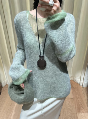 花一【上海高版本】灰绿色V领针织衫温柔风气质软糯慵懒套头毛衣
