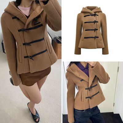 花一【上海高版本】25ss新百搭复古RA牛角扣短款连帽羊毛呢外套女