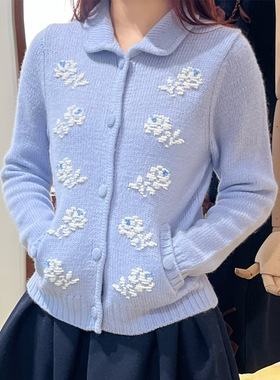 花一【上海高版本】25ss毛衣串珠花朵装饰单排扣针织开衫shushut