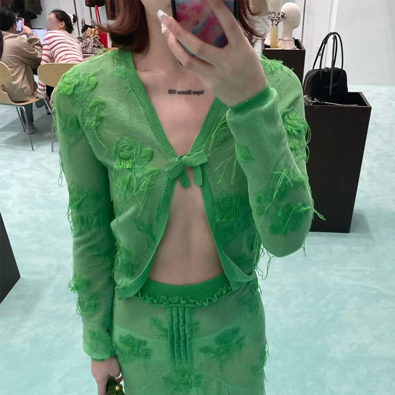 花一【上海高版本】一粒扣蝴蝶结提花线须薄透针织开衫女shushuto