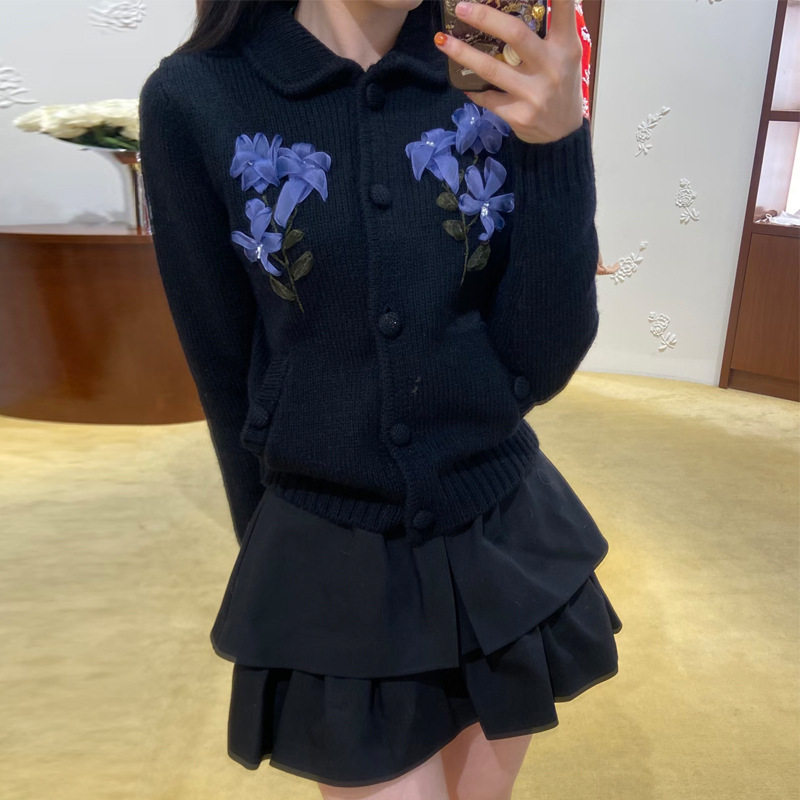 花一【上海高版本】新百合丝带绣花粗棒单排扣针织开衫女shushuto