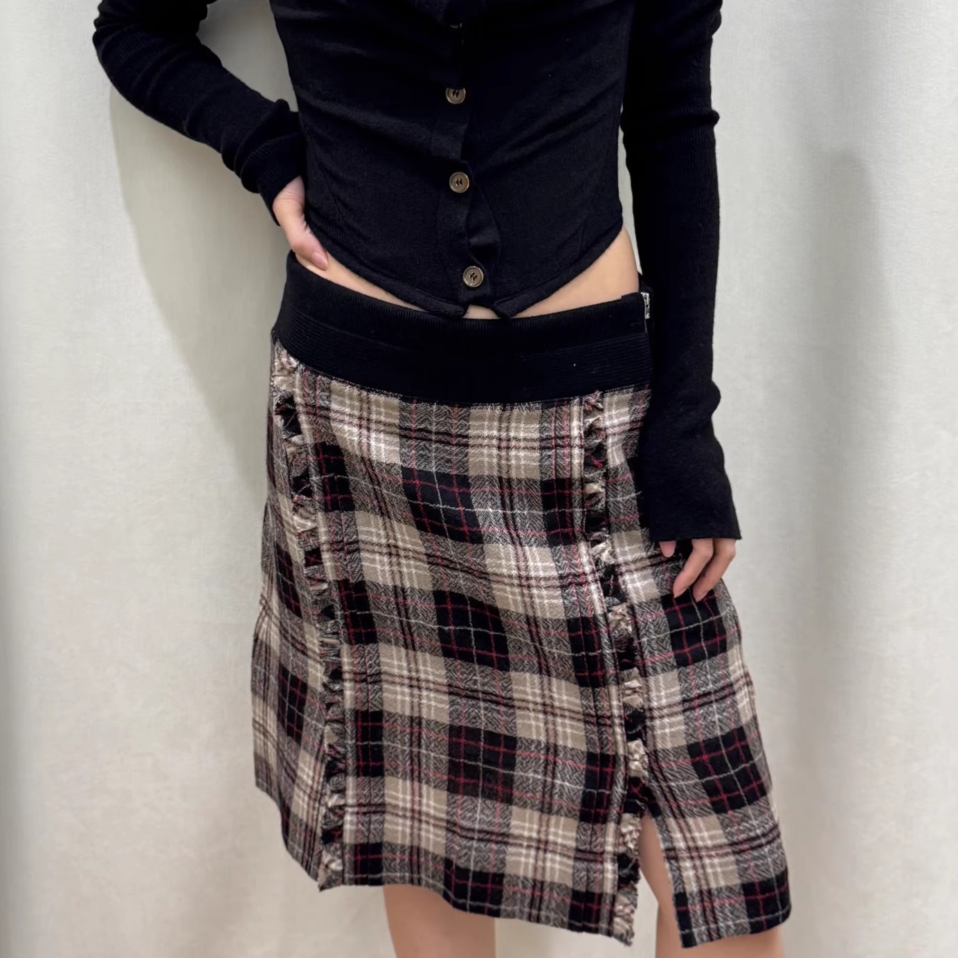 百搭橡筋腰头湖区开叉半身女