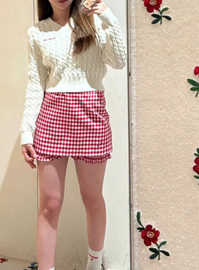 花一【上海高版本】24s新高级百搭红格甜美双层短半裙裤女shushut
