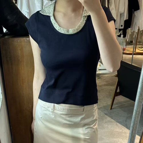 夏季纯棉露背POLO领蕾丝T恤女