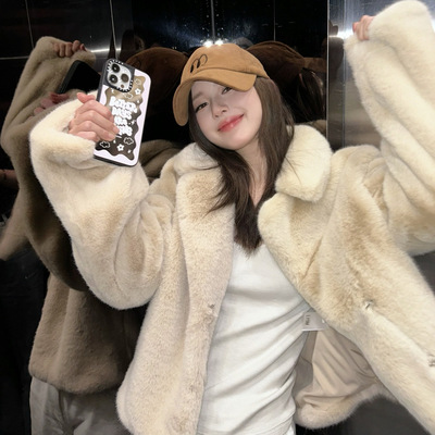 气质纯色翻单排扣领皮草外套女