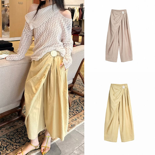 不规则廓形陶瓷扣七分休闲裤女