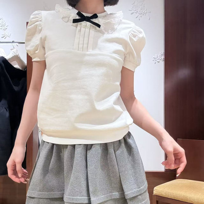 法式蕾丝蝴蝶结修身短袖T恤女