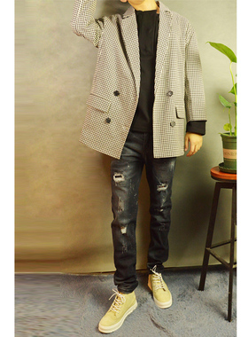 双张记情侣原创轻奢黑白格子韩版宽松西装 走秀潮男外套