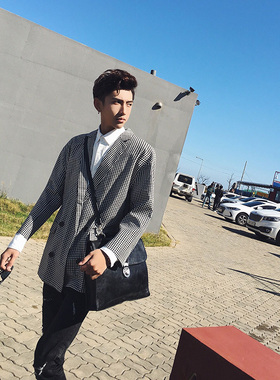 春季新款男士宽松休闲千鸟格双排扣西装外套男潮格子西服便服单衣