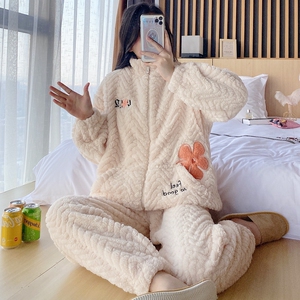 珊瑚绒月子服冬季产后哺乳喂奶孕妇睡衣秋冬款加绒加厚怀孕期专用