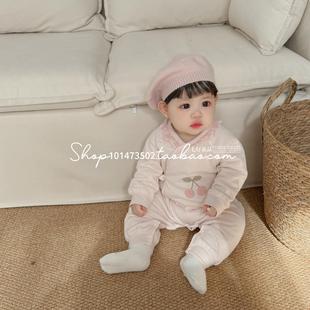 初生儿女宝宝衣服秋冬新生儿哈衣爬服樱桃连体衣保暖甜美花边哈衣