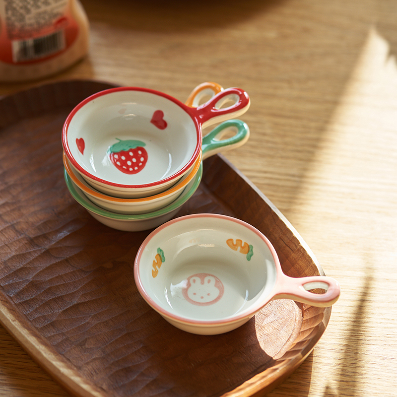 肆月卡通陶瓷釉下彩带把手小味碟